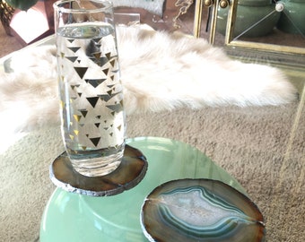 Green Agate Coasters with Silver painted edges Set of 2 drink holders with table protectors silicone pads