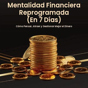 May include: A digital book cover featuring a tall stack of gold coins surrounded by scattered coins on a black background. The text reads: Mentalidad Financiera, Reprogramada (En 7 Días), Cómo Pensar, Atraer y Gestionar Mejor el Dinero, and eBook 2024.