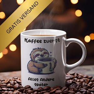 Funny saying coffee mug, sloth coffee first mug, funny gift caffeine lover, office mug work colleagues fun gift idea
