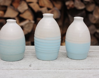 Small Bud Bottle Vase Palest Blue and White Stoneware Pottery