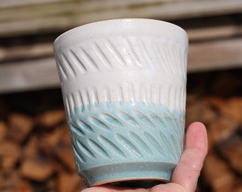 350ml 12 oz Carved Handle free Mug Glassy Turquoise Blue and Matt White glazed handmade pottery ceramic cup beaker