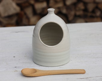 Small Salt Pig Gift Set in White and pale seafoam band with Cornish Sea Salt Pot and Bamboo Spoon