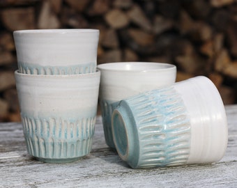 300ml 11 oz Carved Handle free Mug Glassy Turquoise Blue and Matt White glazed handmade pottery ceramic cup beaker