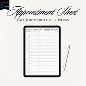 以下が含まれることがあります： 「DAILY APPOINTMENT BOOK」と「DAY OF」というテキストが上部に書かれた白黒のデイリーアポイントメントブック。この本は、時間、名前、電話、サービス、コストの各列に分けられています。時間は30分間隔です。