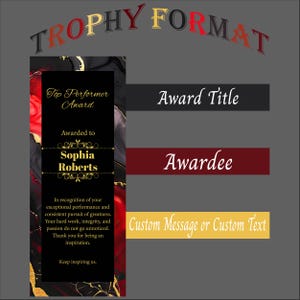K&ouml;nnte beinhalten: Eine schwarze und goldene Troph&auml;e mit einem roten und schwarzen Marmorhintergrund. Der Text auf der Troph&auml;e lautet "Top Performer Award" und "Awarded to Sophia Roberts". Der Text enth&auml;lt auch eine Anerkennung f&uuml;r au&szlig;ergew&ouml;hnliche Leistungen und das konsequente Streben nach Gr&ouml;&szlig;e.
