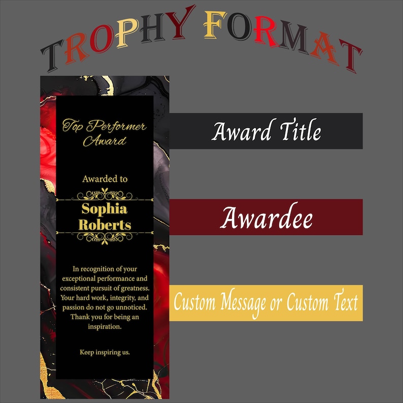 K&ouml;nnte beinhalten: Eine schwarze und goldene Troph&auml;e mit einem roten und schwarzen Marmorhintergrund. Der Text auf der Troph&auml;e lautet "Top Performer Award" und "Awarded to Sophia Roberts". Der Text enth&auml;lt auch eine Anerkennung f&uuml;r au&szlig;ergew&ouml;hnliche Leistungen und das konsequente Streben nach Gr&ouml;&szlig;e.