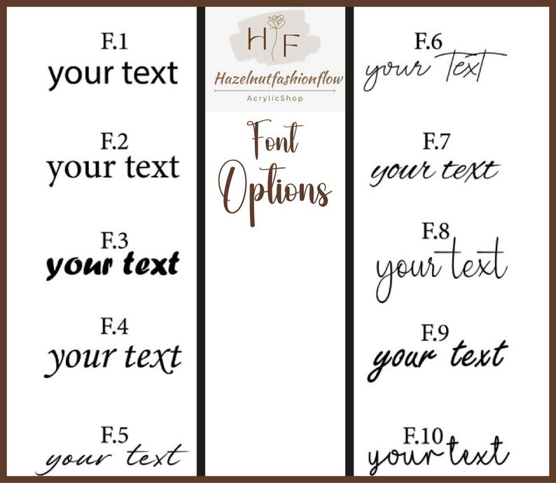 K&ouml;nnte beinhalten: Eine Grafik mit 10 verschiedenen Schriftarten f&uuml;r Text. Die Schriftarten sind mit F.1 bis F.10 beschriftet. Der Text im Bild lautet "your text".