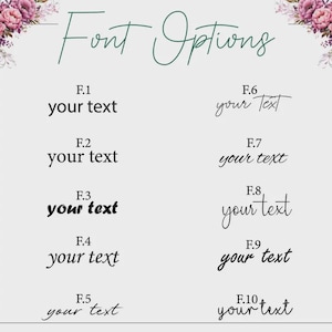 May include: A light gray graphic with the words "Font Options" in green script. Below, ten font styles are displayed, each with the words "your text" in different fonts. Floral accents in pink and purple are at the top.