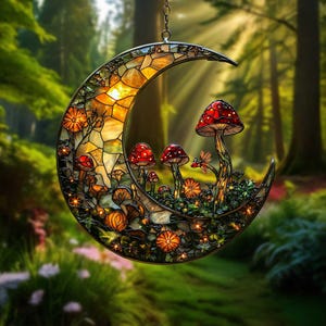 Acchiappasole a forma di mezzaluna incantata con funghi e fiori, opera d'arte in acrilico da appendere per decorazioni da camera Fairycore o Cottagecore.