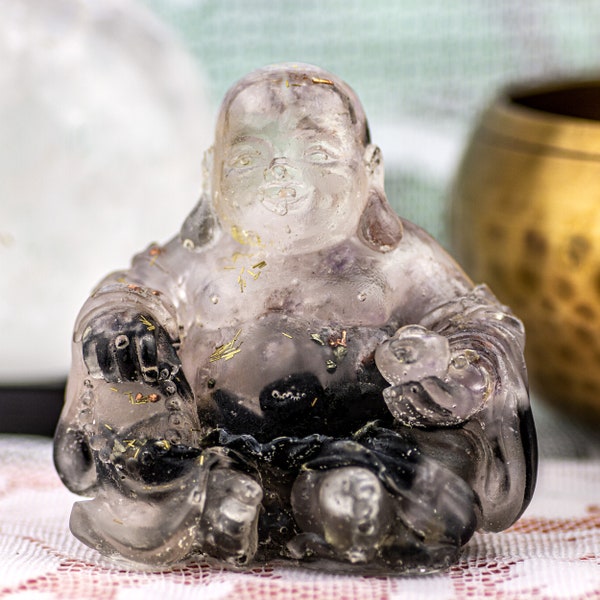 Elestial Amethyst, Black Tourmaline, Rose Quartz Orgone Resin Crystal Gautama Buddha