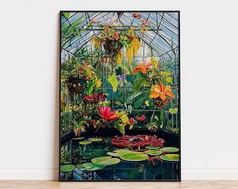 Kew Gardens waterlelies, botanische muurkunst print, kas illustratie, waterlelie kas poster