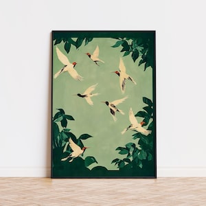 Green and Cream Japanese Print, Cranes Japanese Wall Art, Emerald Green Decor, Maximalist Wall Art, Eclectic Decor, Large Wall Art, Birds