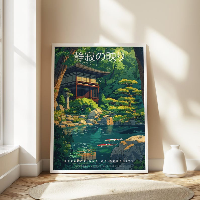 May include: A framed art print featuring a Japanese garden scene with a traditional wooden structure, lush greenery, and a serene pond with koi fish. The print includes Japanese text and the English text "Reflections of Serenity". The artwork is displayed on a wooden floor.