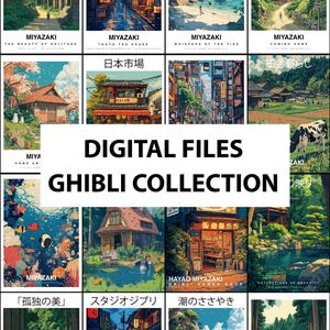 May include: A collection of digital art prints featuring scenes from Studio Ghibli films. The images showcase landscapes, cityscapes, and characters in a vibrant, colorful style. Text includes "DIGITAL FILES" and "GHIBLI COLLECTION".