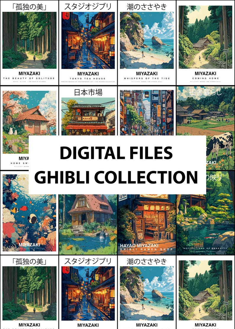 May include: A collection of digital art prints featuring scenes from Studio Ghibli films. The images showcase landscapes, cityscapes, and characters in a vibrant, colorful style. Text includes "DIGITAL FILES" and "GHIBLI COLLECTION".