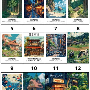 May include: A collection of twelve Miyazaki art prints. The prints feature various scenes, including landscapes, cityscapes, and illustrations with text. The color palette includes greens, blues, and browns, with Japanese text and English titles.