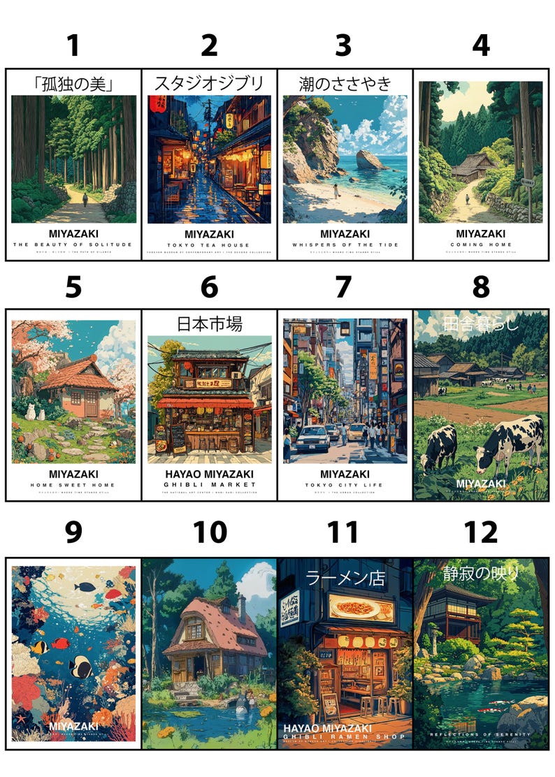 May include: A collection of twelve Miyazaki art prints. The prints feature various scenes, including landscapes, cityscapes, and illustrations with text. The color palette includes greens, blues, and browns, with Japanese text and English titles.