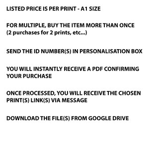 May include: White text on a black background provides instructions for purchasing prints. The text includes details on pricing, multiple purchases, personalization, and receiving a PDF confirmation. It also mentions receiving print links and downloading files.