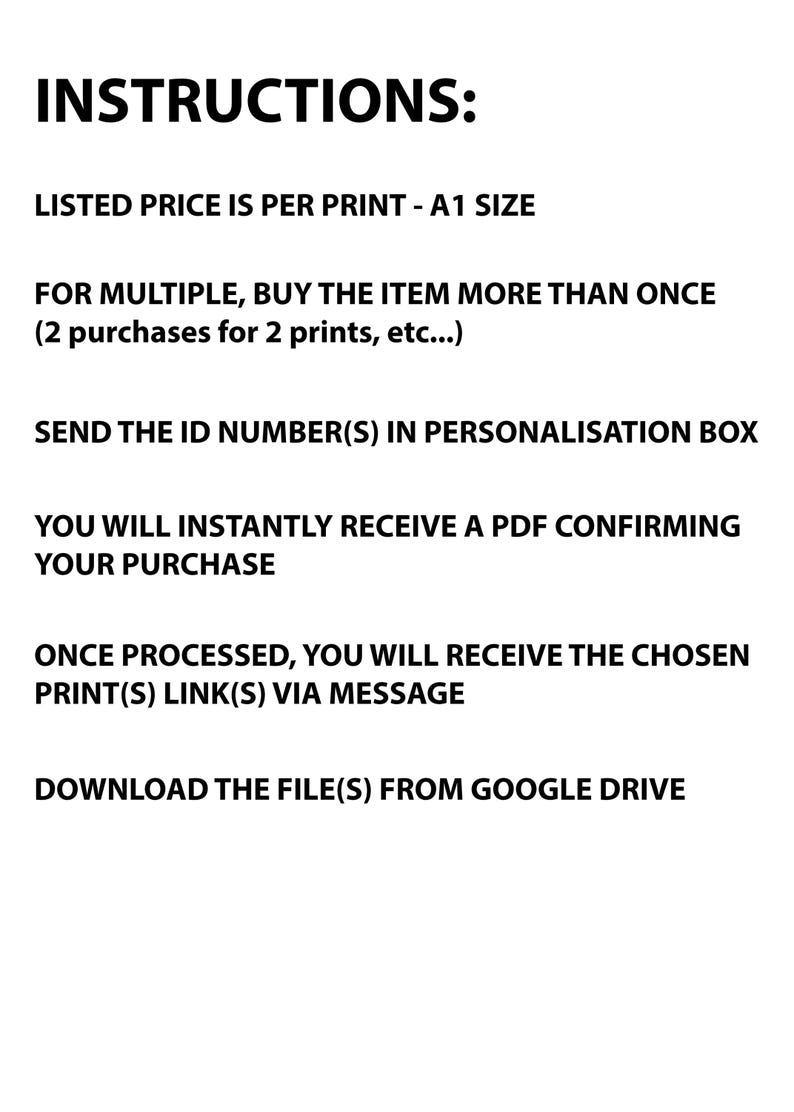 May include: White text on a black background provides instructions for purchasing prints. The text includes details on pricing, multiple purchases, personalization, and receiving a PDF confirmation. It also mentions receiving print links and downloading files.