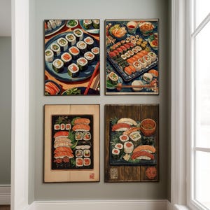 Set mit 4 Wandbildern, Asiatisches Essen illustrierte Kunst, Studio Ghibli, Maki Sushi Illustration, Hayao Miyazaki japanisches Kunstwerk, Ukiyo-e Wandkunst