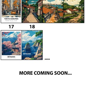 May include: A collection of art prints featuring Japanese cityscapes and landscapes. The prints include scenes of Tokyo suburbs, coastal views, and mountain scenery. Text includes "TOKYO SUBURBS" and "MIYAZAKI". The prints are in a colorful, illustrative style.