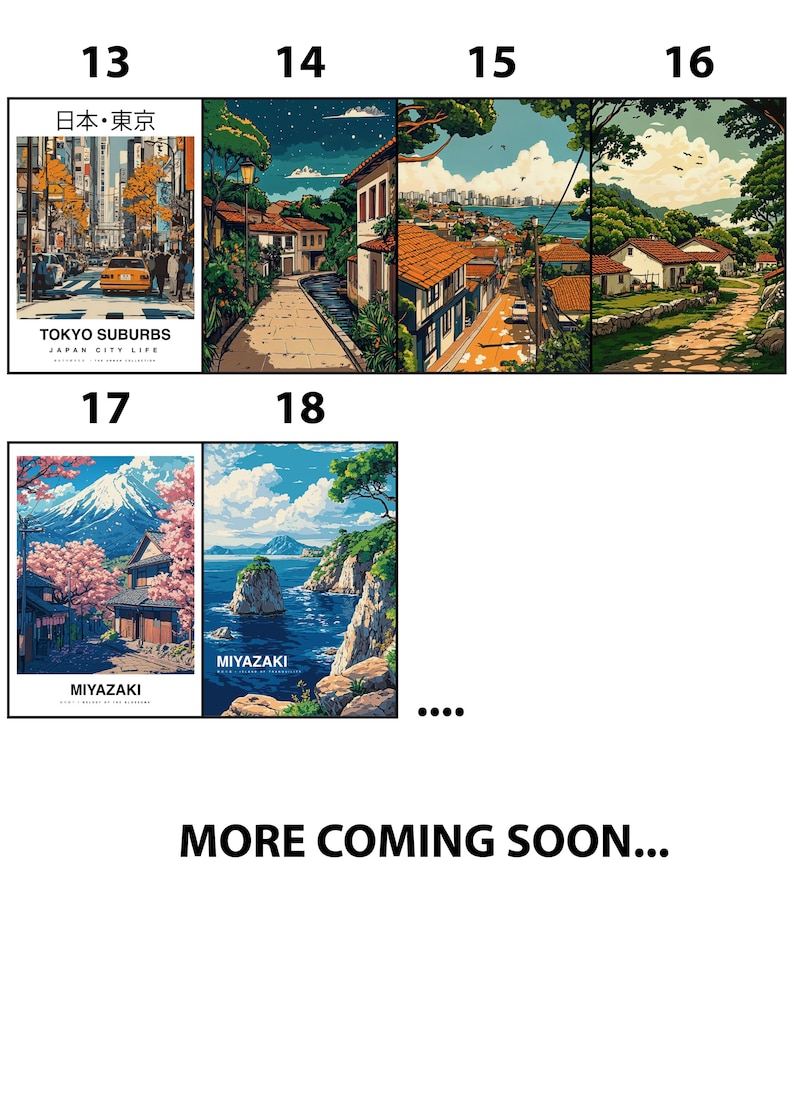 May include: A collection of art prints featuring Japanese cityscapes and landscapes. The prints include scenes of Tokyo suburbs, coastal views, and mountain scenery. Text includes "TOKYO SUBURBS" and "MIYAZAKI". The prints are in a colorful, illustrative style.