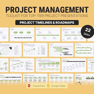 Peut inclure: Un ensemble d'outils de gestion de projet avec 22 diapositives pour des présentations de projet de premier ordre. Les diapositives incluent des calendriers et des feuilles de route de projet, en vert et blanc. Icônes PowerPoint et Google Slides.
