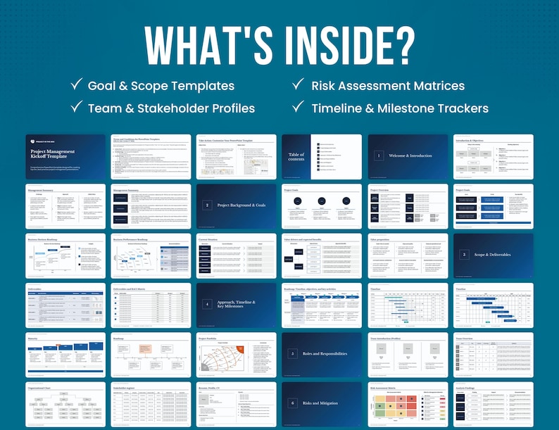 May include: A collection of project management kickoff templates, including goal and scope templates, risk assessment matrices, team and stakeholder profiles, and timeline and milestone trackers.