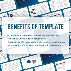 May include: A collage of various templates with a blue background and white text. The text reads "BENEFITS OF TEMPLATE" and lists four benefits: Consistency, Efficiency, Engagement, and Organization. Each benefit is followed by a brief description.