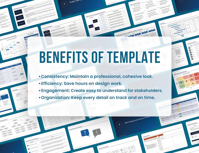 May include: A collage of various templates with a blue background and white text. The text reads "BENEFITS OF TEMPLATE" and lists four benefits: Consistency, Efficiency, Engagement, and Organization. Each benefit is followed by a brief description.