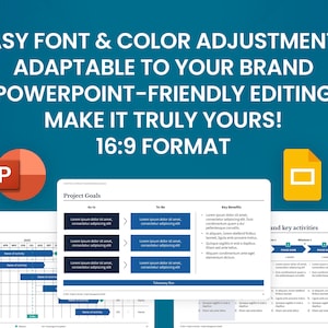 May include: A PowerPoint template for project management with a timeline, project goals, key benefits, and key activities. The template is in a 16:9 format and is easy to customize with different fonts and colors.