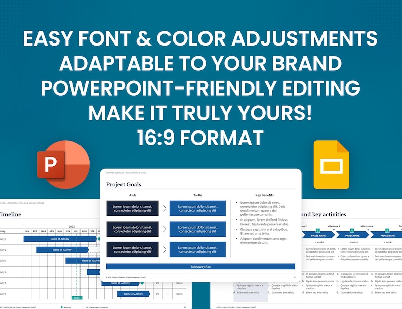 May include: A PowerPoint template for project management with a timeline, project goals, key benefits, and key activities. The template is in a 16:9 format and is easy to customize with different fonts and colors.