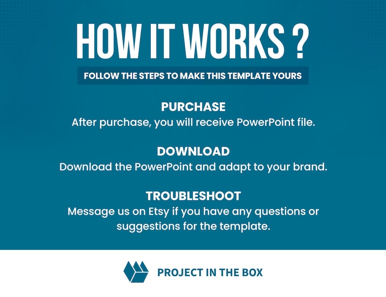 May include: A teal blue graphic with white text explaining how to purchase and download a PowerPoint template. The text reads "HOW IT WORKS? FOLLOW THE STEPS TO MAKE THIS TEMPLATE YOURS PURCHASE After purchase, you will receive PowerPoint file. DOWNLOAD Download the PowerPoint and adapt to your brand. TROUBLESHOOT Message us on Etsy if you have any questions or suggestions for the template. PROJECT IN THE BOX"