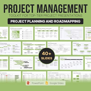 May include: A digital project management presentation toolkit featuring over 40 slides for project planning and roadmapping. The layout includes various charts, timelines, and matrices with green accents, compatible with PowerPoint and Google Slides.