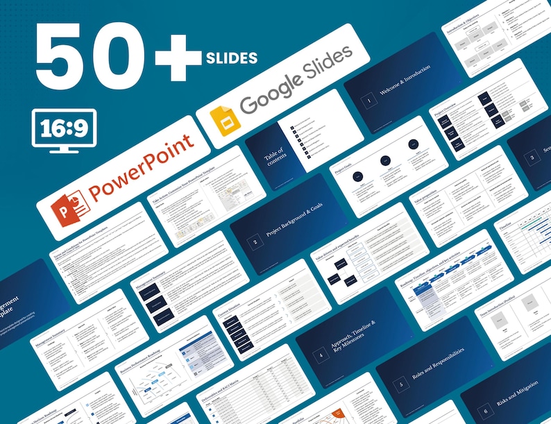 May include: A blue and white presentation template with the text "PowerPoint" and "Google Slides" on the cover. The template includes 50+ slides in a 16:9 aspect ratio.