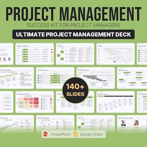 Pode incluir: Um conjunto de slides digitais de gestão de projetos com mais de 140 lâminas contendo gráficos, cronogramas e tabelas. O layout verde e branco inclui títulos como Project Management, Success Kit e Ultimate Project Management Deck.
