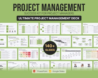 May include: A digital project management presentation deck featuring over 140 slides with charts, timelines, and tables. The green and white layout includes text headers like Project Management, Success Kit, and Ultimate Project Management Deck.