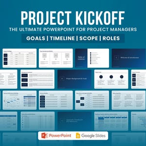 Pode incluir: Um modelo de apresentação azul e branco para reuniões de início de projeto. O modelo inclui slides para objetivos, cronograma, escopo e funções. O texto "PROJECT KICKOFF" está em uma fonte grande e em negrito na parte superior da imagem. O texto "THE ULTIMATE POWERPOINT FOR PROJECT MANAGERS" está abaixo do título. O texto "GOALS | TIMELINE | SCOPE | ROLES" está abaixo do subtítulo. O modelo é projetado para uso com Microsoft PowerPoint e Google Slides.