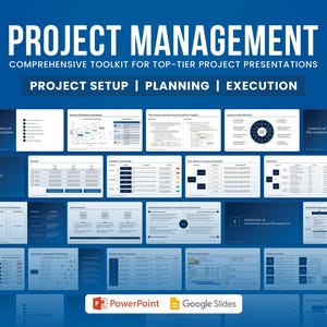 May include: A blue and white presentation template for project management. The template includes sections for project setup, planning, and execution. The template is designed for PowerPoint and Google Slides.