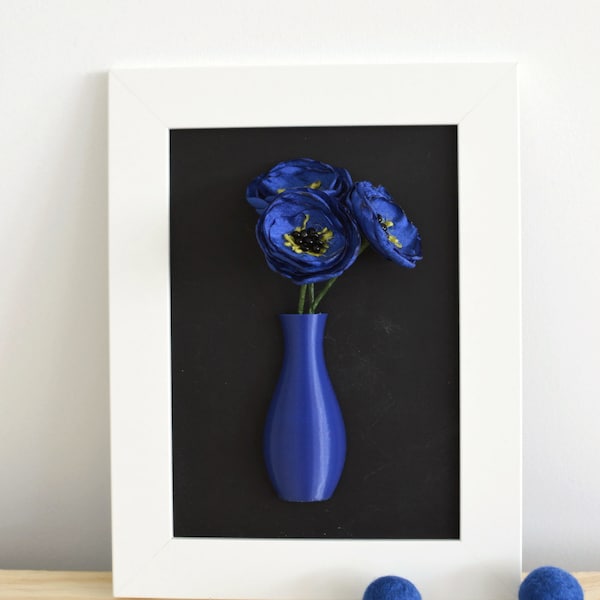 Magnetic flower vase, fridge magnet, office decor, home decoration, 3D printed vase with fabric flowers, flower magnet, bud vase- ROYAL BLUE