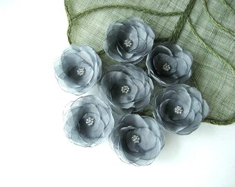 Water Lilies- Handmade organza sew on flower appliques (5 pcs)- METALLIC FROSTED GRAY