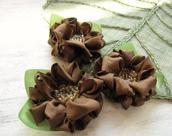 Rustic chic frayed fabric flower embellishments, flower appliques, fabric flowers, supplies for diy crafts (3 pcs) - CHOCOLATE BROWN DAISIES