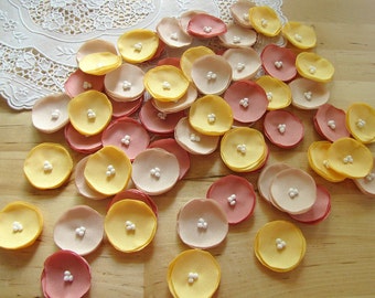 Sew on flowers, crepe fabric appliques, small fabric flowers, flowers for crafts (30 pcs)- MINI POPPIES (Yellow, Blush Pink and Champagne)