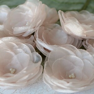 May include: A group of eight blush pink silk flowers with pearl centers. The flowers are layered and have a delicate, romantic look.