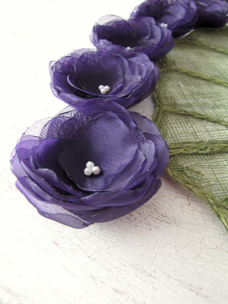 Water Lilies Handmade organza sew on flower appliques 5 pcs DEEP PURPLE / BLACKBERRY image 3