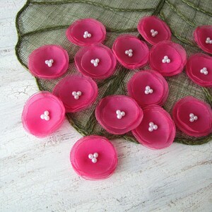 Fabric flower sew on appliques, organza flowers, fabric floral appliques, handmade flowers for crafts (10 pcs)- SHEER FUCHSIA BLOSSOMS