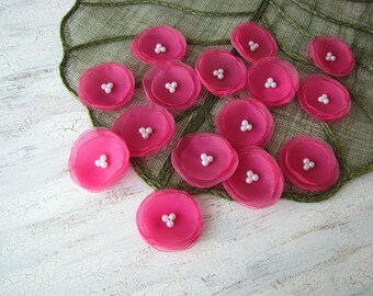 10 Fleurs En Chiffon Fuchsia à Coudre - Appliqués Décoratifs 2.8 Pouces