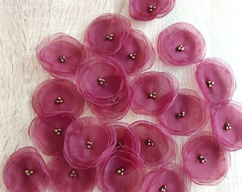 Organza fabric handmade sew on flower appliques, floral supplies, silk flower embellishments (15pcs)- SHEER BURGUNDY