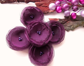 Sheer voile fabric sew on flower appliques, fabric flower appliques, fabric embellishments, floral supplies (5pcs)- PLUM PURPLE BLOSSOMS