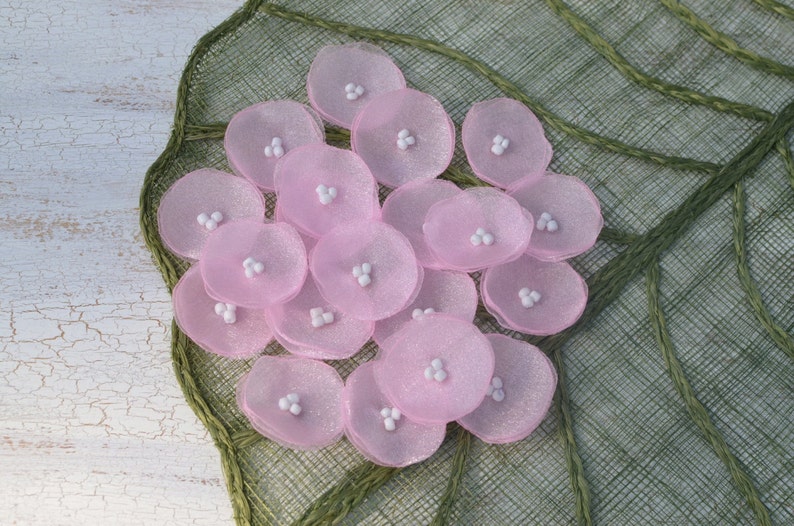 Organza flowers, sew on flower appliques, fabric flowers, fabric appliques for wedding crafts 20pcs MINI PINK image 4